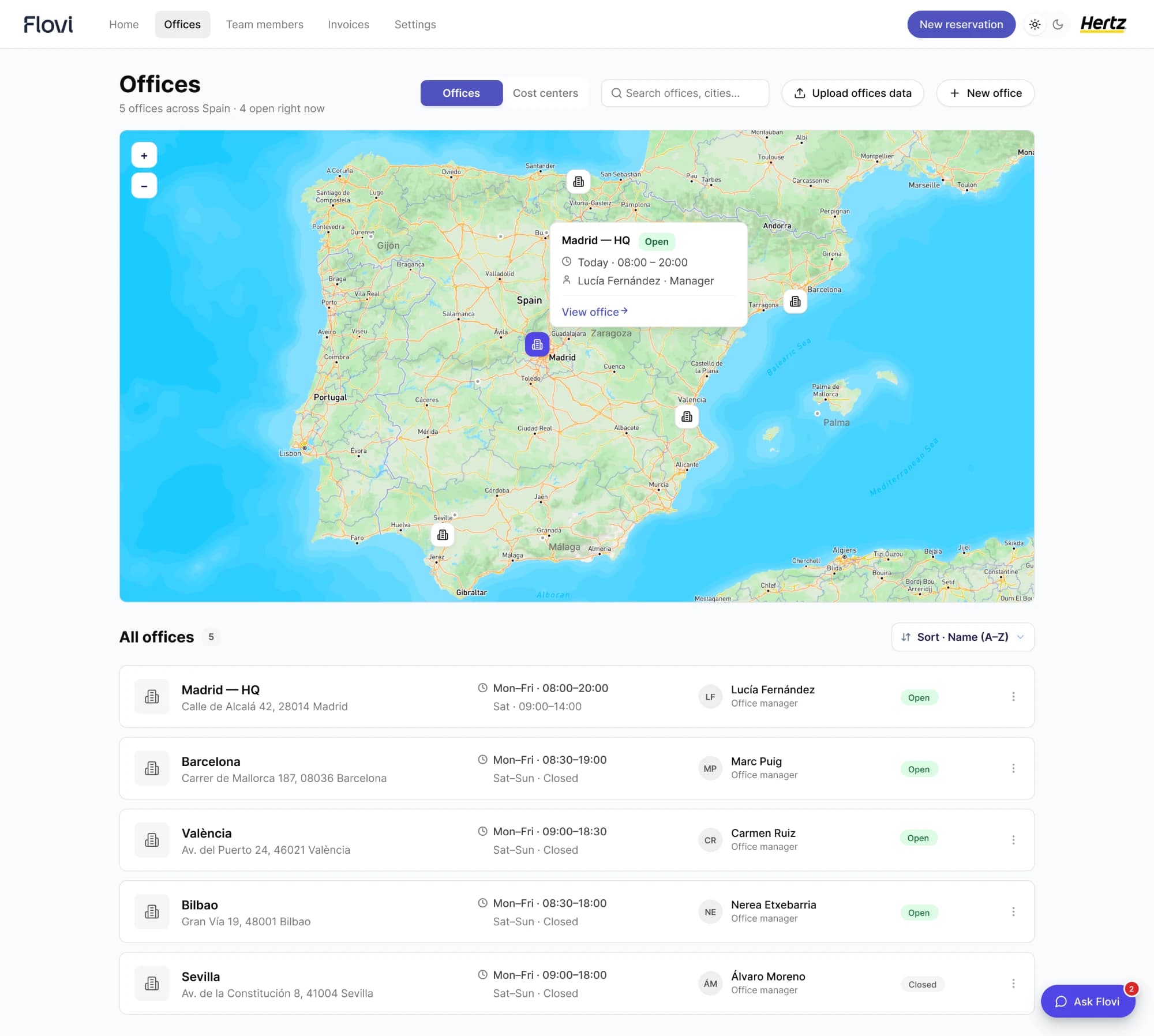 Flovi offices page with map and office list