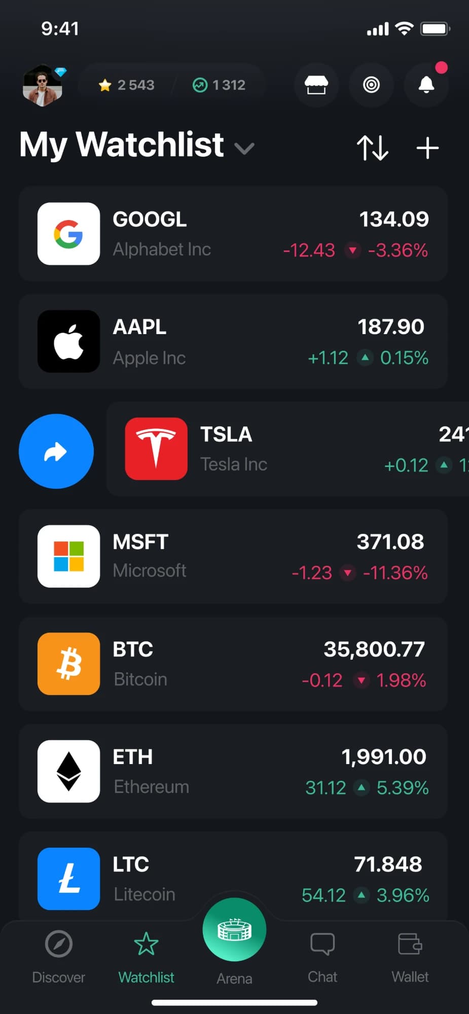 My Watchlist with stocks and crypto