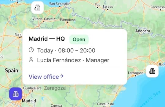 Office card on the map with today’s hours and manager