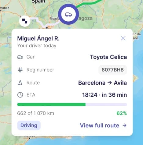 Live driver card with route progress and ETA